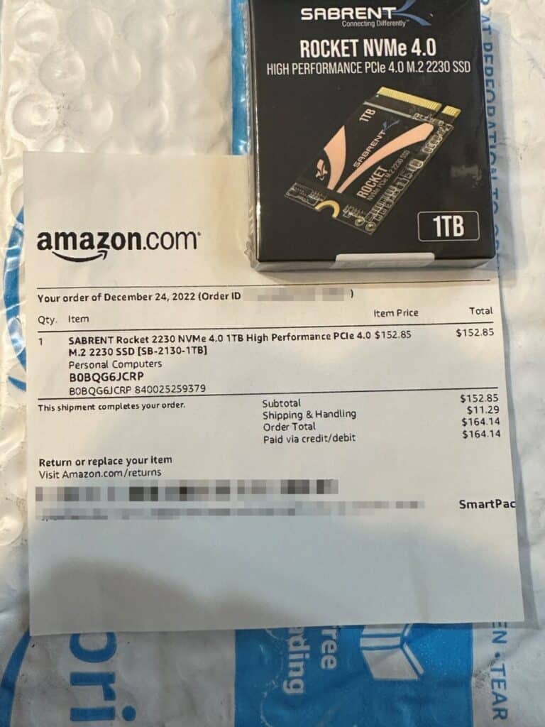 米Amazonから届いたRocket 2230 NVMe 4.0 1TB