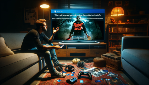 DALL·E 2024-02-01 20.25.28 - A man is trying to play Friday the 13th on his PS4 but encounters an issue with his credit card payment during login. He's sitting on a couch in a dim