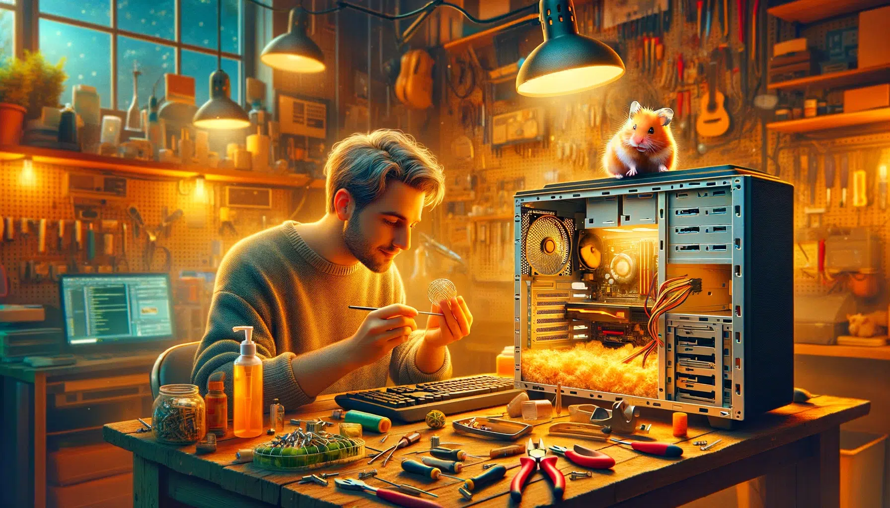 パソコンの修理屋がハムスターを愛でながらPCのメンテンスを行っている様子