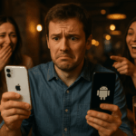 iPhoneとAndroidを両手に持っている男性。顔は困っている様子。 周りは飲み会で女性がバカにしている様子。