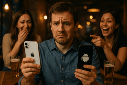 iPhoneとAndroidを両手に持っている男性。顔は困っている様子。 周りは飲み会で女性がバカにしている様子。