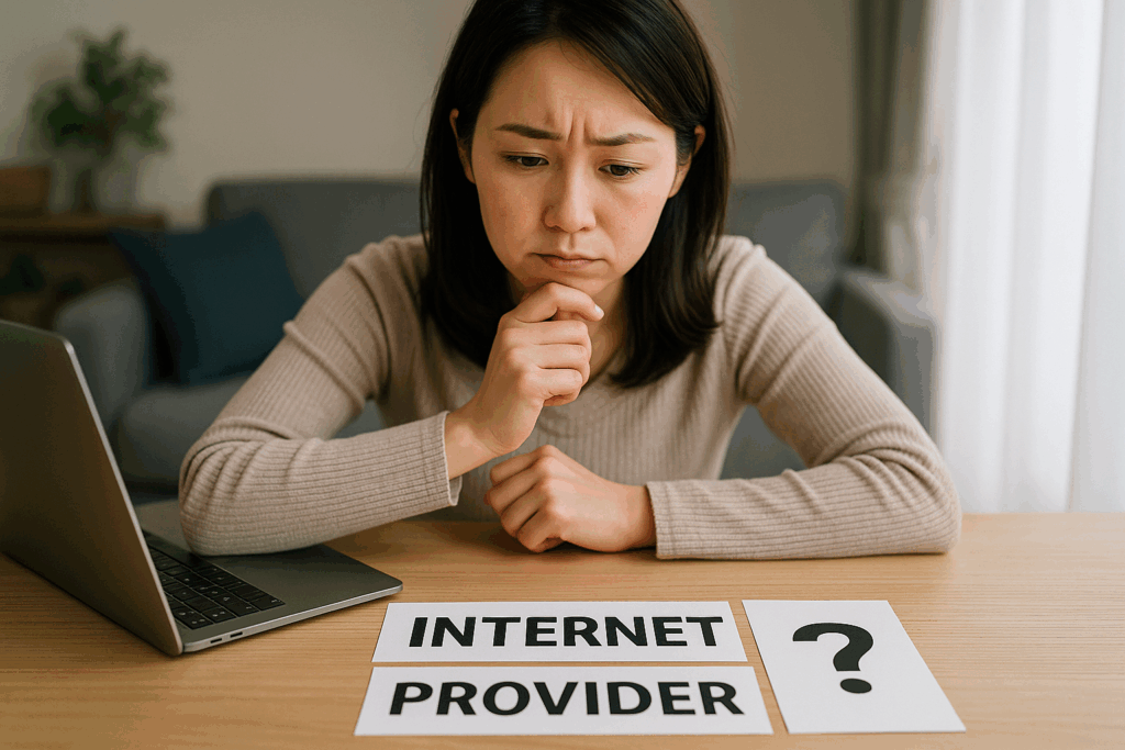 インターネット回線をどのプロバイダーを選んだらいいか悩んでいる様子を30代女性の目線での風景