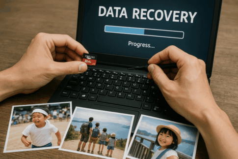 MicroSDカードのデータ復旧を行っている様子、その思い出の中には子供の運動会や旅行などの思い出が入っていた