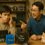 パソコン修理店の作業台で、自作PCパーツの箱を前に悩んでいる若い男性客と、横でアドバイスをするベテラン修理屋の男性（メガネ・青いエプロンを着ている）。店内はやや古めかしいが、整頓された作業場。奥の棚にはPCパーツや工具が並んでいる。雰囲気はほんのり暖かく、会話中の和やかな空気感。ハムスターのマスコットキャラが端にちょこんと座って見守っている。タイトル文字やテキストなし、YouTubeサムネイル横長構図。