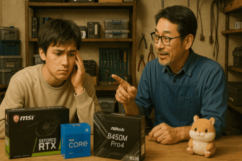 パソコン修理店の作業台で、自作PCパーツの箱を前に悩んでいる若い男性客と、横でアドバイスをするベテラン修理屋の男性（メガネ・青いエプロンを着ている）。店内はやや古めかしいが、整頓された作業場。奥の棚にはPCパーツや工具が並んでいる。雰囲気はほんのり暖かく、会話中の和やかな空気感。ハムスターのマスコットキャラが端にちょこんと座って見守っている。タイトル文字やテキストなし、YouTubeサムネイル横長構図。
