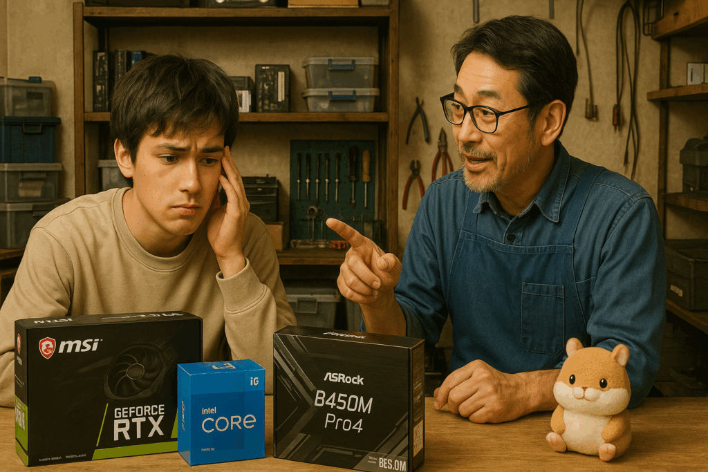パソコン修理店の作業台で、自作PCパーツの箱を前に悩んでいる若い男性客と、横でアドバイスをするベテラン修理屋の男性（メガネ・青いエプロンを着ている）。店内はやや古めかしいが、整頓された作業場。奥の棚にはPCパーツや工具が並んでいる。雰囲気はほんのり暖かく、会話中の和やかな空気感。ハムスターのマスコットキャラが端にちょこんと座って見守っている。タイトル文字やテキストなし、YouTubeサムネイル横長構図。