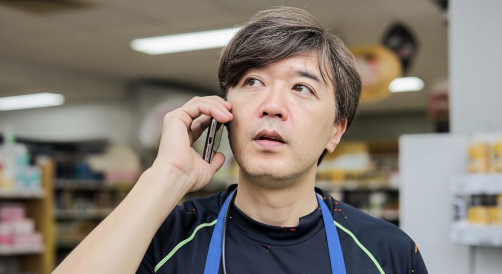 紺色のTシャツに青いエプロンを着けている店主が、コールセンターに電話をかけている様子