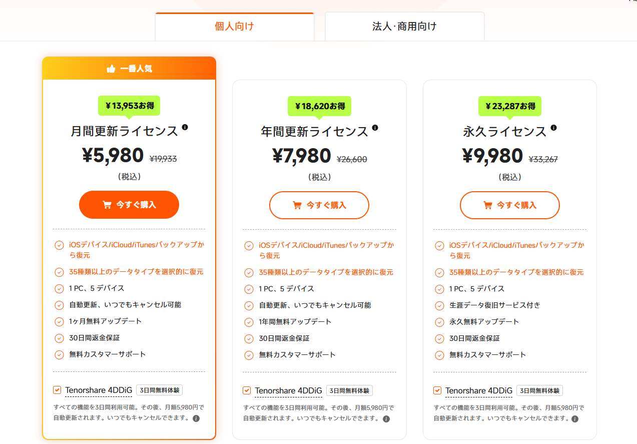 UltData ライセンス費用の選択画面