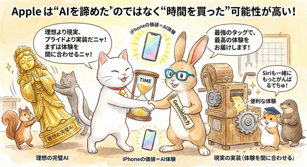 結論から言うと、Appleは“AIを諦めた”のではなく“時間を買った”可能性が高い