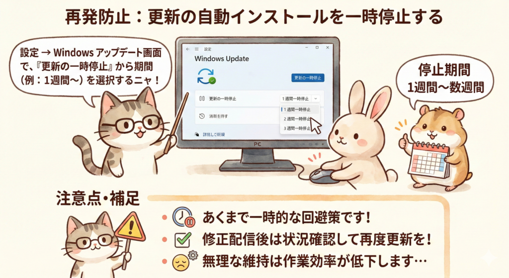 再発防止：更新の自動インストールを一時停止する