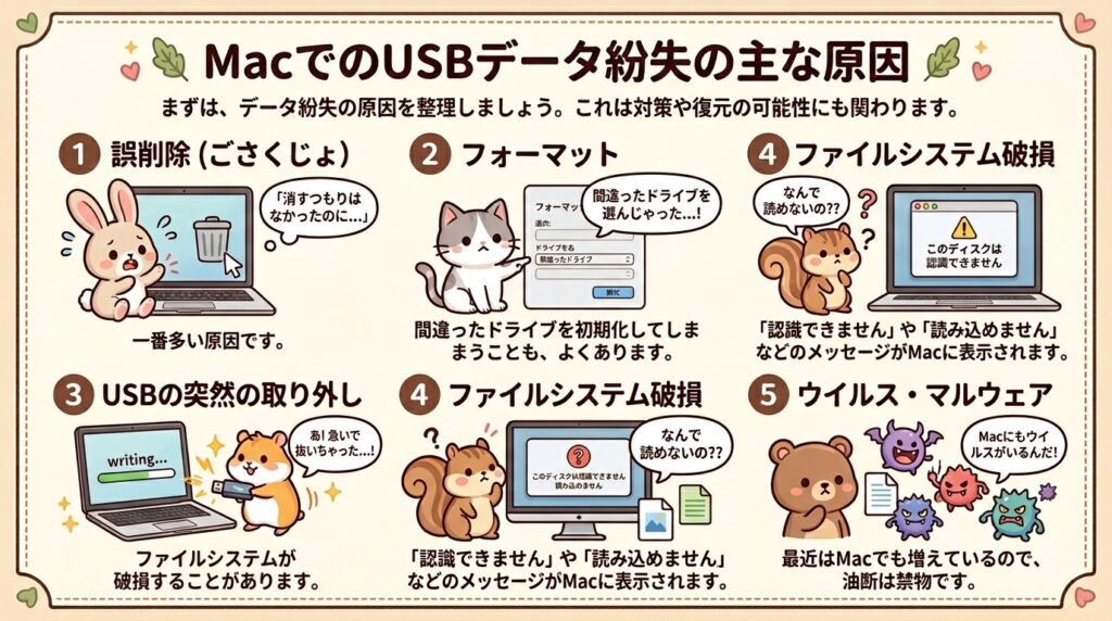 MacでUSBデータが消える主な原因を説明するイメージ
