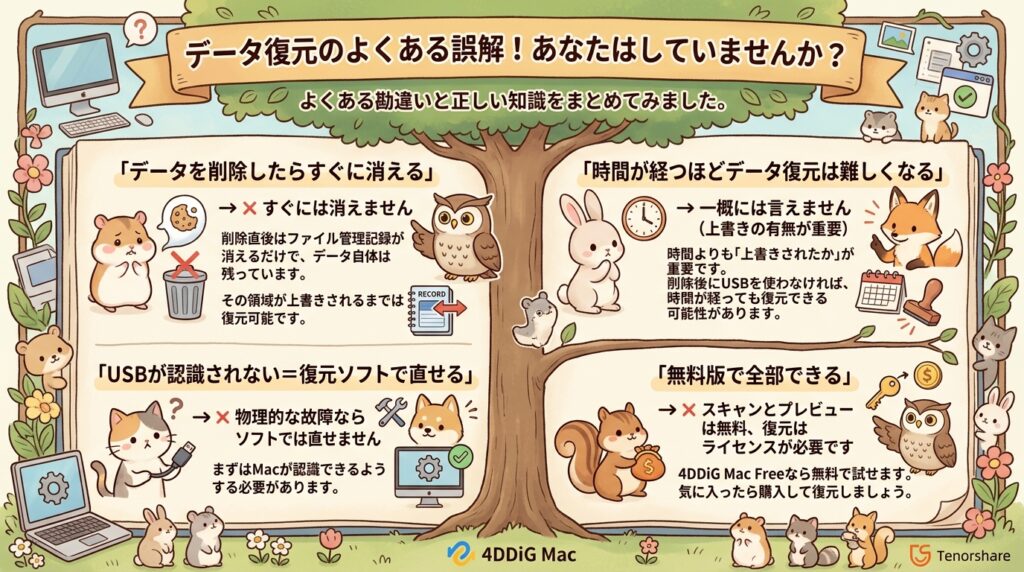 データ復元に関するよくある勘違いを解説するイメージ