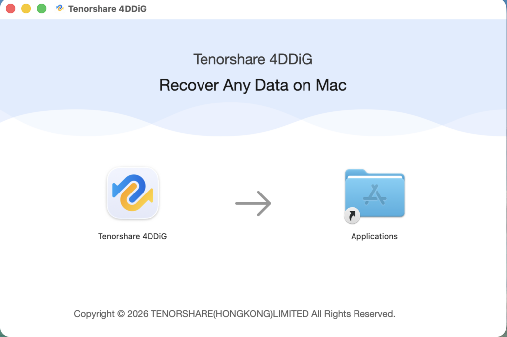 4DDiG Mac Freeのインストール画面。シンプルなドラッグ操作で完了する。