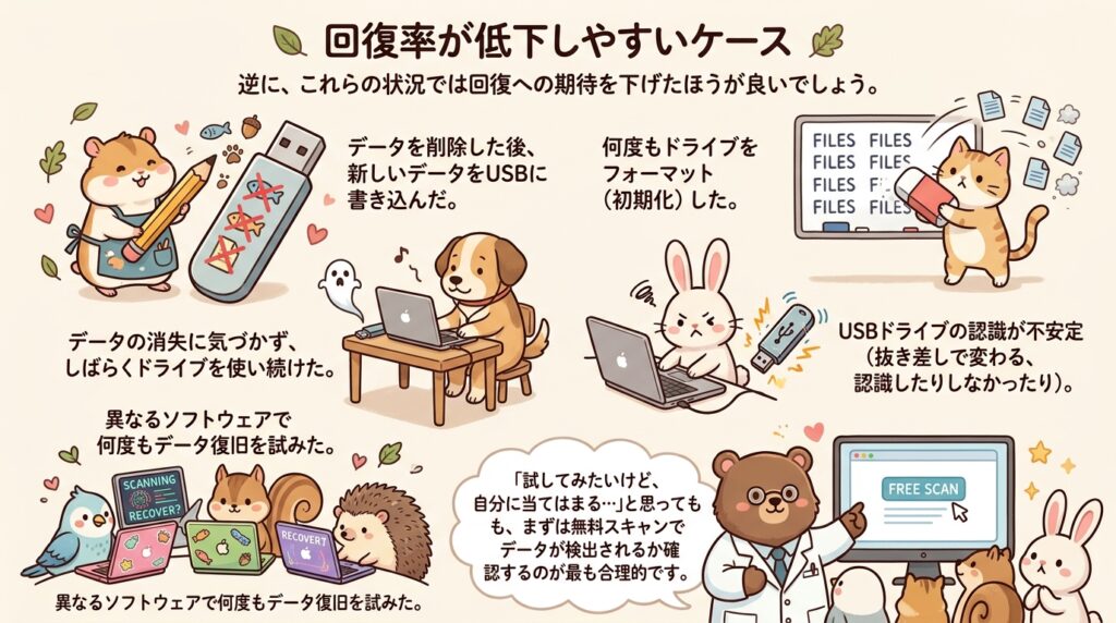 復元率が下がりやすいケースを示すイメージ