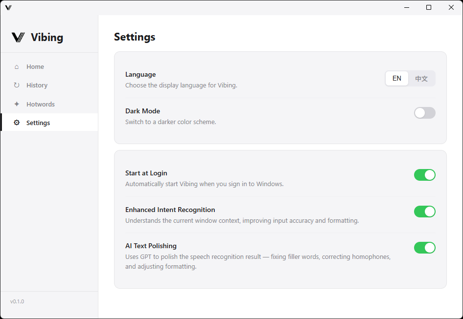 Vibing Settings 画面 — AI Text Polishing・Enhanced Intent Recognition