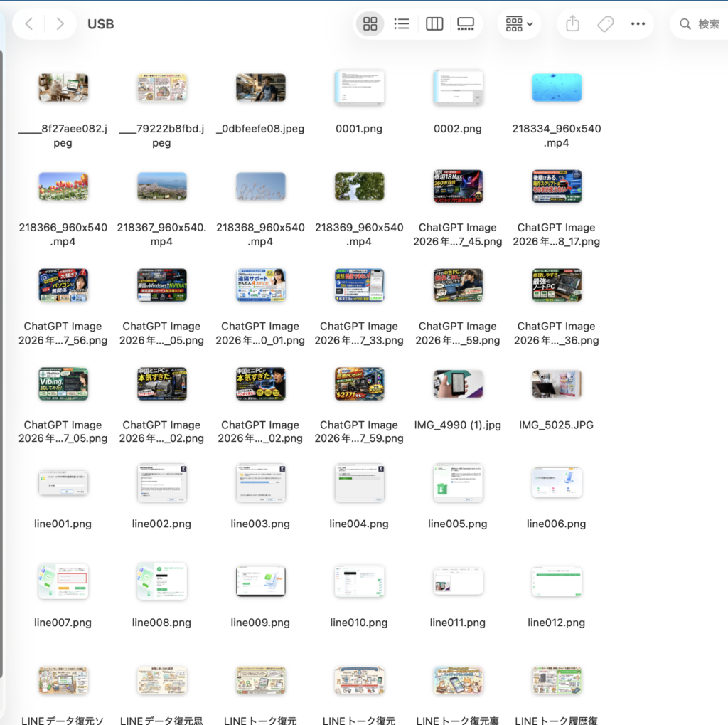 削除前のUSBメモリの内容。JPEG・PNG・MP4が入っている状態。