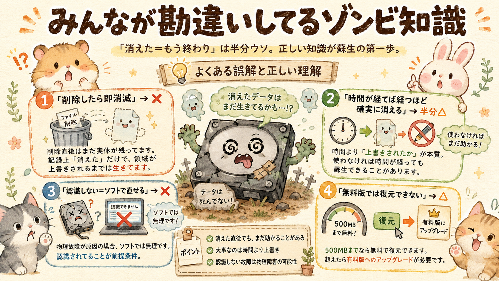 データ復元に関するよくある勘違いを解説するイメージ