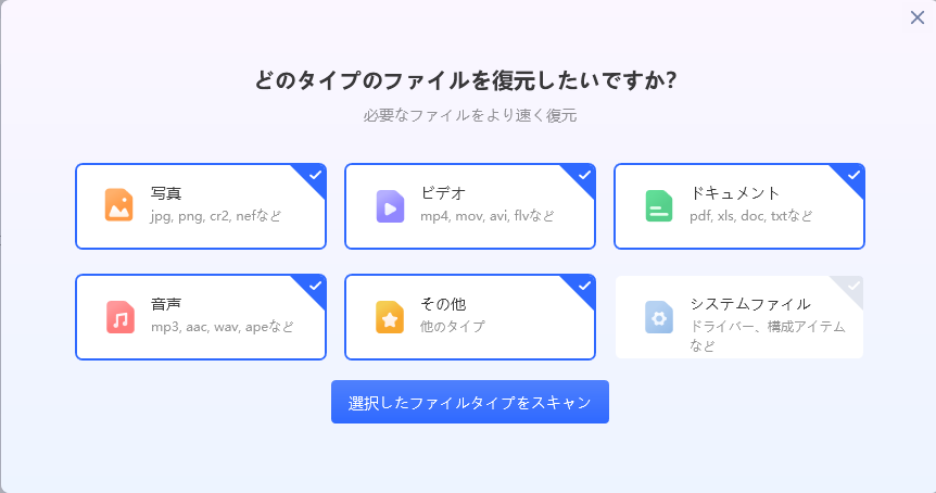 復元したいファイルの拡張子を選択