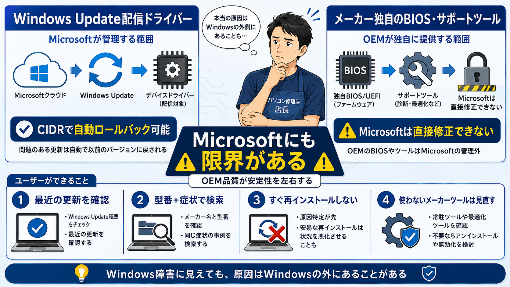MicrosoftのCIDRが対応できる範囲とOEM独自配布の限界を示した図解
