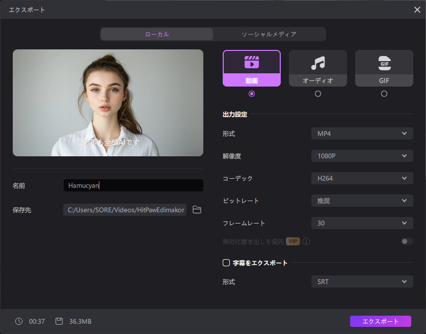 HitPaw Edimakor 書き出し設定画面