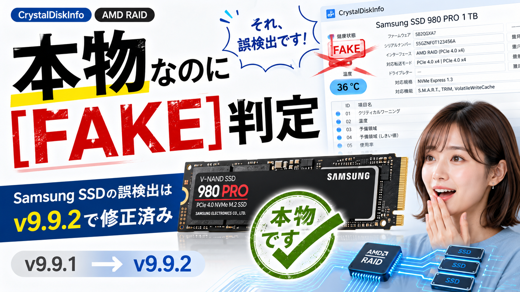CrystalDiskInfoで本物のSamsung SSDにFAKEと誤表示される不具合とv9.9.2への更新
