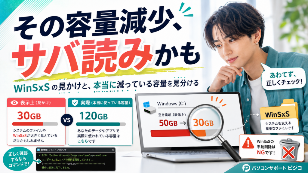 Cドライブの空き容量が勝手に減る原因とWinSxSの見かけ上の容量を解説する画像