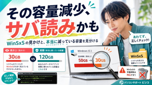 Cドライブの空き容量が勝手に減る原因とWinSxSの見かけ上の容量を解説する画像
