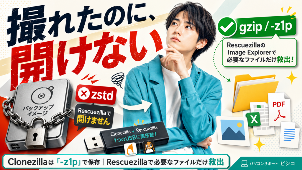 Clonezillaのバックアップからファイルを取り出す方法｜Rescuezillaで開けない原因とgzip設定