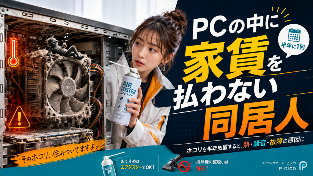 ホコリだらけのデスクトップパソコン内部とエアダスターを持つ人物のブログアイキャッチ画像