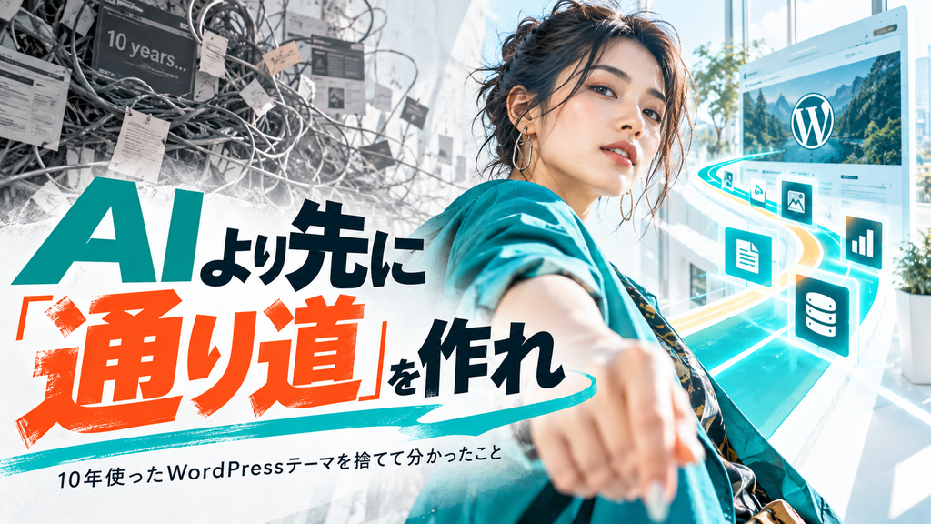 記事のアイキャッチ。「AIより先に「通り道」を作れ 10年使ったWordPressテーマを捨てて分かったこと」の文字と、左に絡まったケーブル、右にWordPressの整った画面