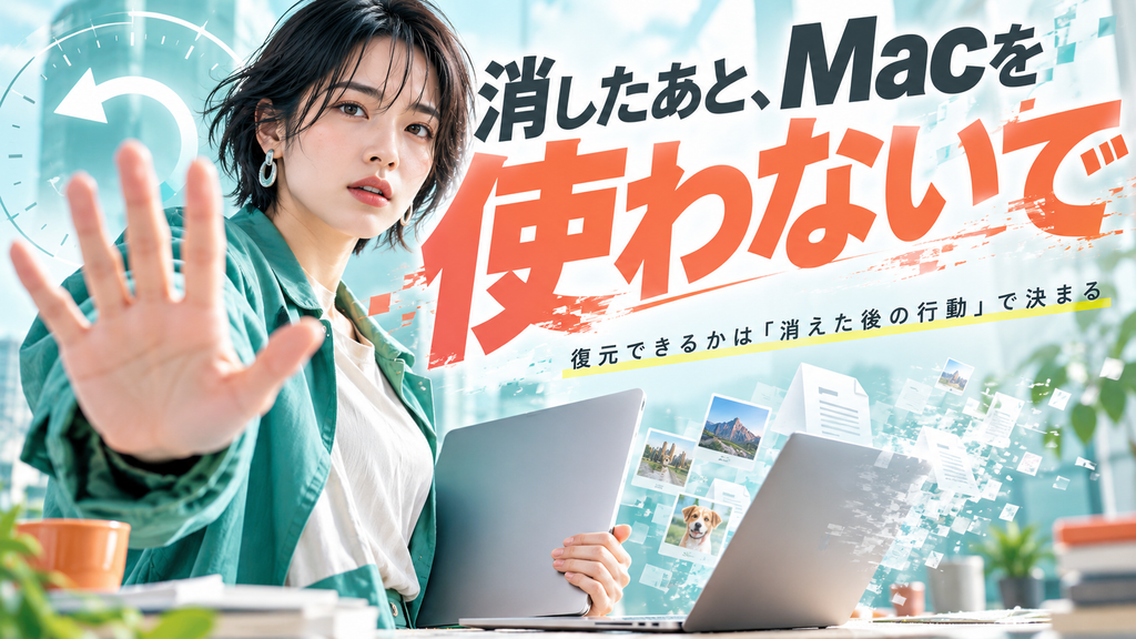 「消したあと、Macを使わないで」と手で制止する女性と、ノートパソコンから写真や書類が飛び出すイラスト