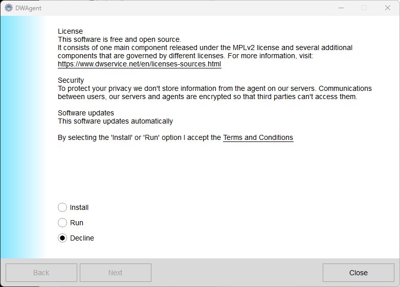 DWAgent の起動画面。Install・Run・Decline の 3 つの選択肢が並んでいる