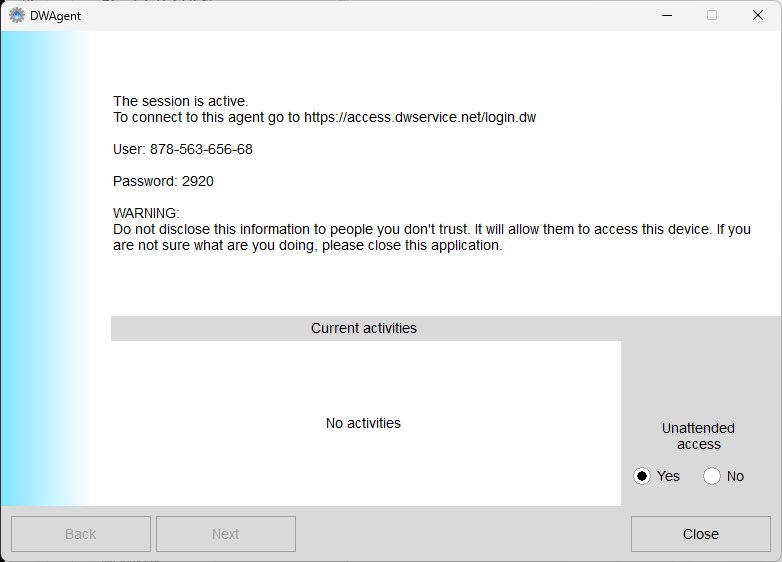 DWAgent の接続番号の画面。User と Password、右側に Unattended access の設定がある