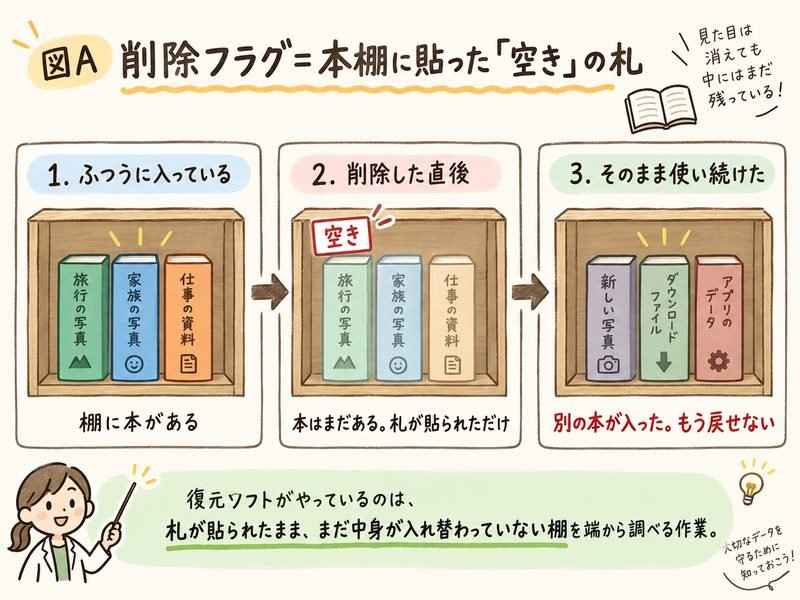削除フラグの仕組みを本棚にたとえた図。本を捨てたのではなく空きの札を貼っただけで、新しい本が入るまで元の本は残っている