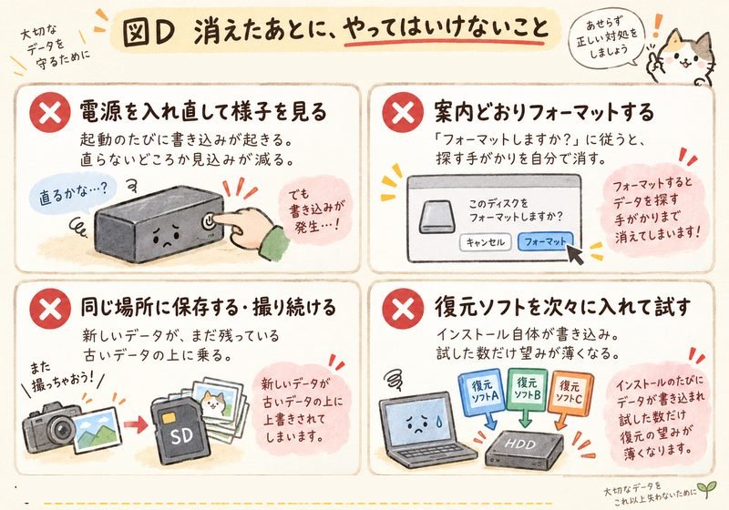 データが消えたあとにやってはいけない4つのこと。電源の入れ直し、フォーマット、同じ場所への保存、復元ソフトを次々に試すこと